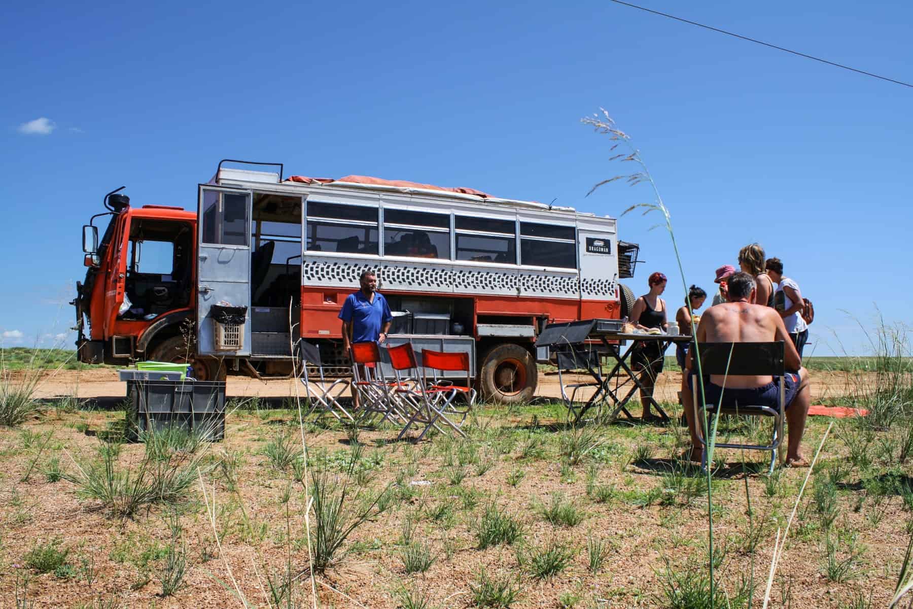 The outside of the overlanding truck travelling in Mongolia which opened out into camping facilities and storage space