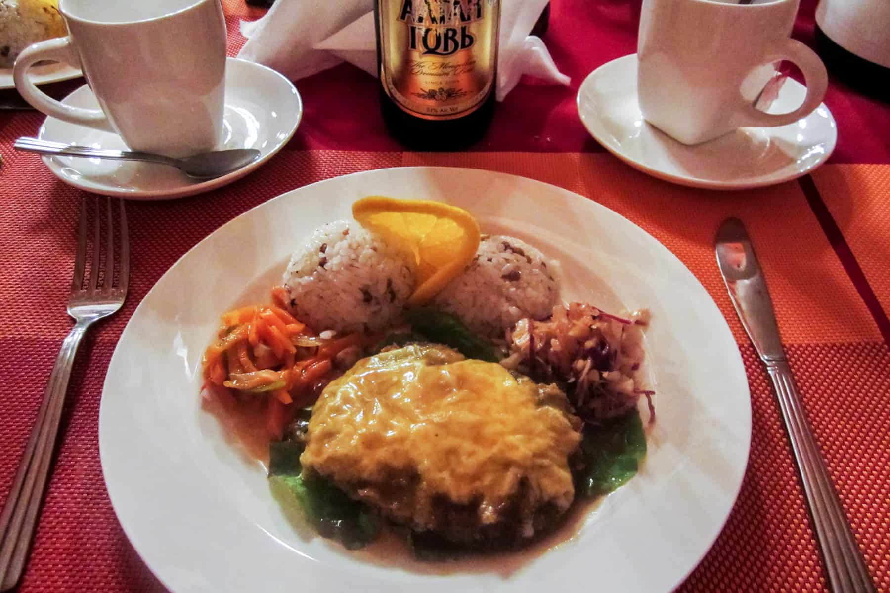 Typical Mongolian food dish of beef and rice