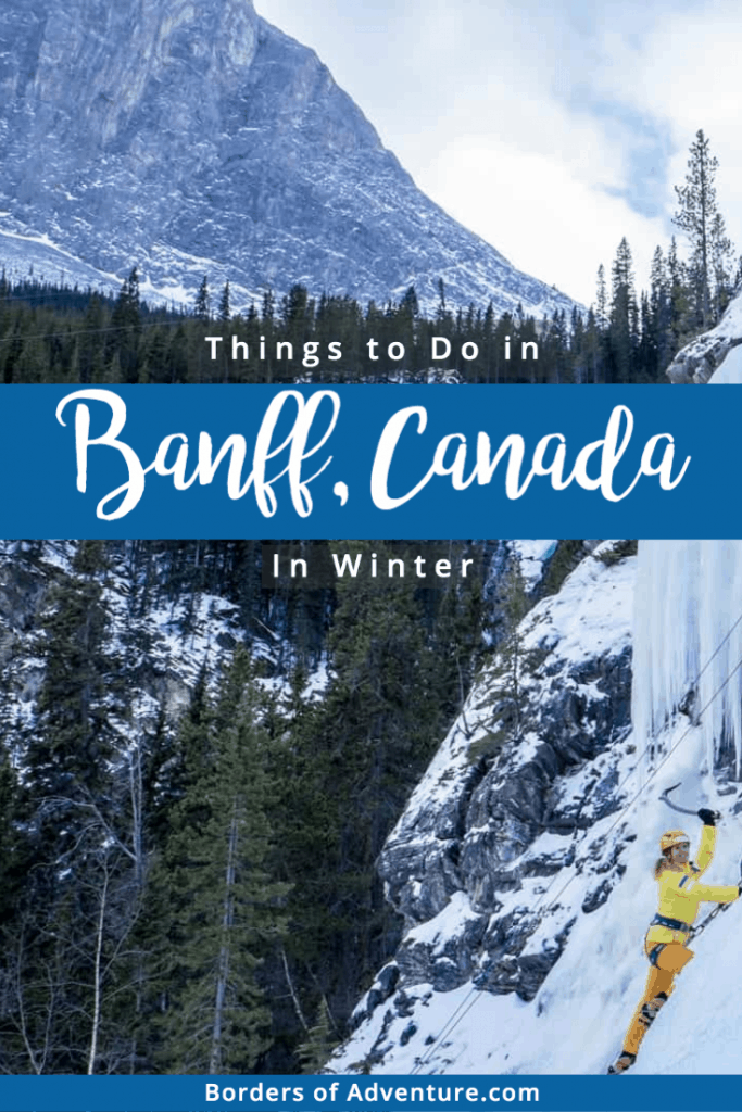 A woman wearing yellow and orange ice climbing on a frozen waterfall in Banff national Park in Canada