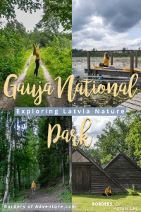 Four images of a woman in a yellow jumper in nature scenes of woodland, a lake and outside a traditional agricultural house in Gauja National Park in Latvia