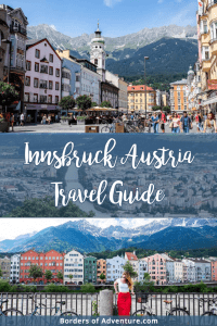 The pastel coloured architecture of the Old Town in Innsbruck Austria (top) and a woman in a red skirt and white top standing next to the Inn River with a row of multi-coloured houses behind (bottom)