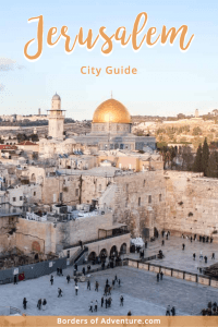 A view of the praying Western Wall and the golden dome roof of Temple Mount in Old Jerusalem City