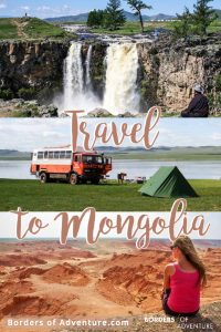 Waterfalls, an oberland truck next to a lake and a woman looking out over the Flaming Cliffs in Mongolia