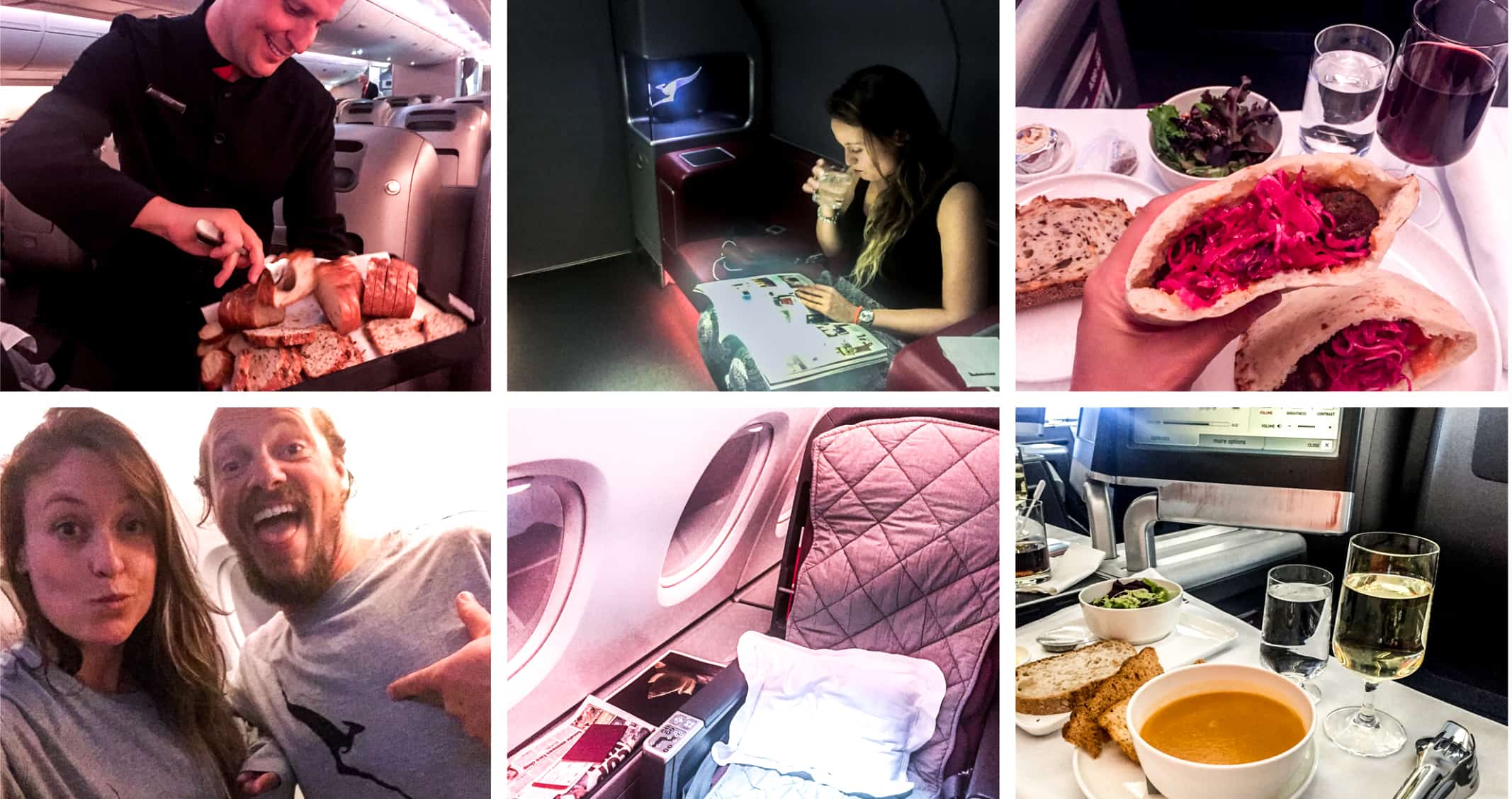 A selection of images showing some of the services on the Qantas Business Class Flight. Clockwise from top right: A member of cabin crew serves a tray of bed during evening dibber; a woman reads a magazine in the business class plane lounge, a falafel and pink coleslaw pitta bread snack served with salad a glass of red wine; the wide and padded grey business class seat; a man and woman wearing the grey Qantas pyjamas with the black kangaroo logo. 