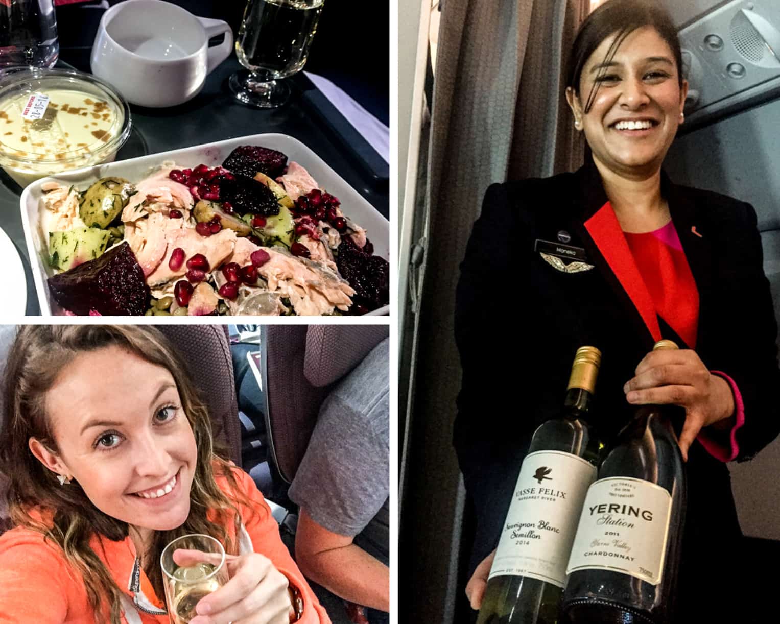 A salmon salad dish and class of wine; a woman showcasing two bottles of wine and a woman in an orange top looking at the camera while holding a glass of bubbles – some of the services on the Qantas Premium Economy Flight. 