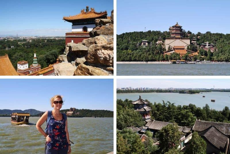 Hilltop pavilion views over Beijing city; a palace complex set within a lakeside forest; a woman standing next to a lake on a summer day; elevated views over traditional Chinese buildings in a forest next to a lake. 