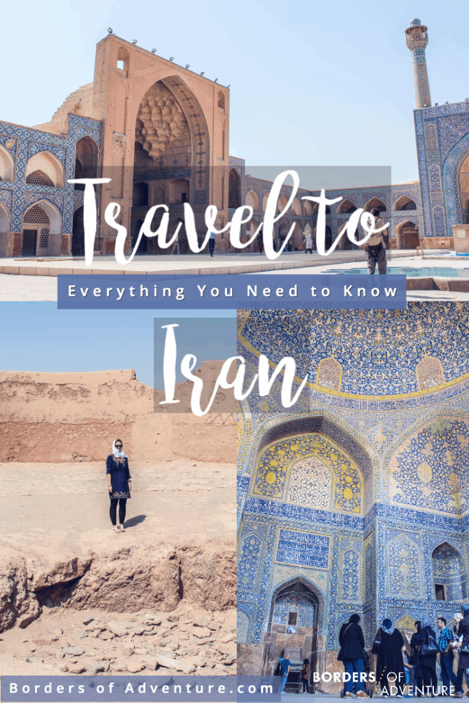 Images showing the blue and golden tones of mosque mosaics and desert sites with the words: Travel to Iran. Everything You Need to Know.