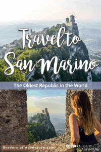 A woman looks out over the fairytale hilside turrets of San Marino, shown in close up on the top image