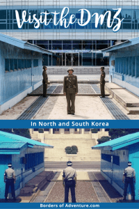 Top pictures show North Korean guards in green uniform at the DMZ border and below, South Korean guards in blue uniform on their side of the concrete borderline 