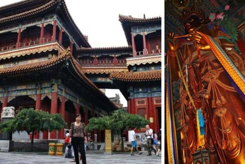 People stand outside the red and gold, traditional chinese structures of the Lama Temple in Beijing; a tall Maitreya Buddha statue, carved from a single sandalwood tree, holding a multi-coloured scarf. 