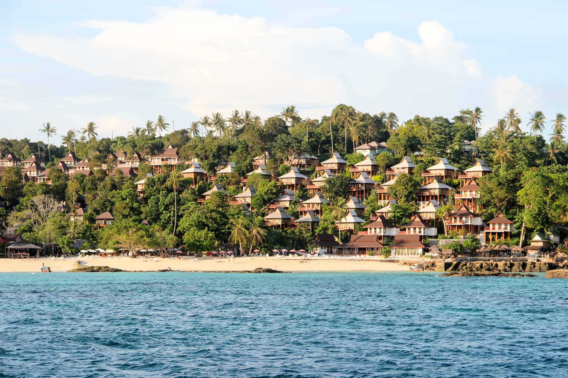 The jungle set, beachside luxury accomodations of the Koh Phi Phi Long Beach Resort. 