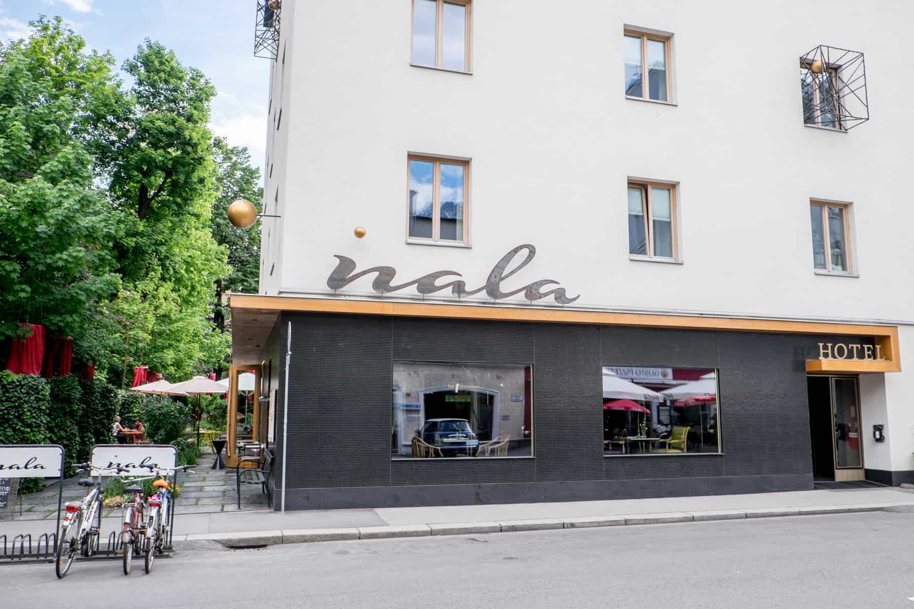 the black and white modern exterior of the art design hotel, Nala in Innsbruck