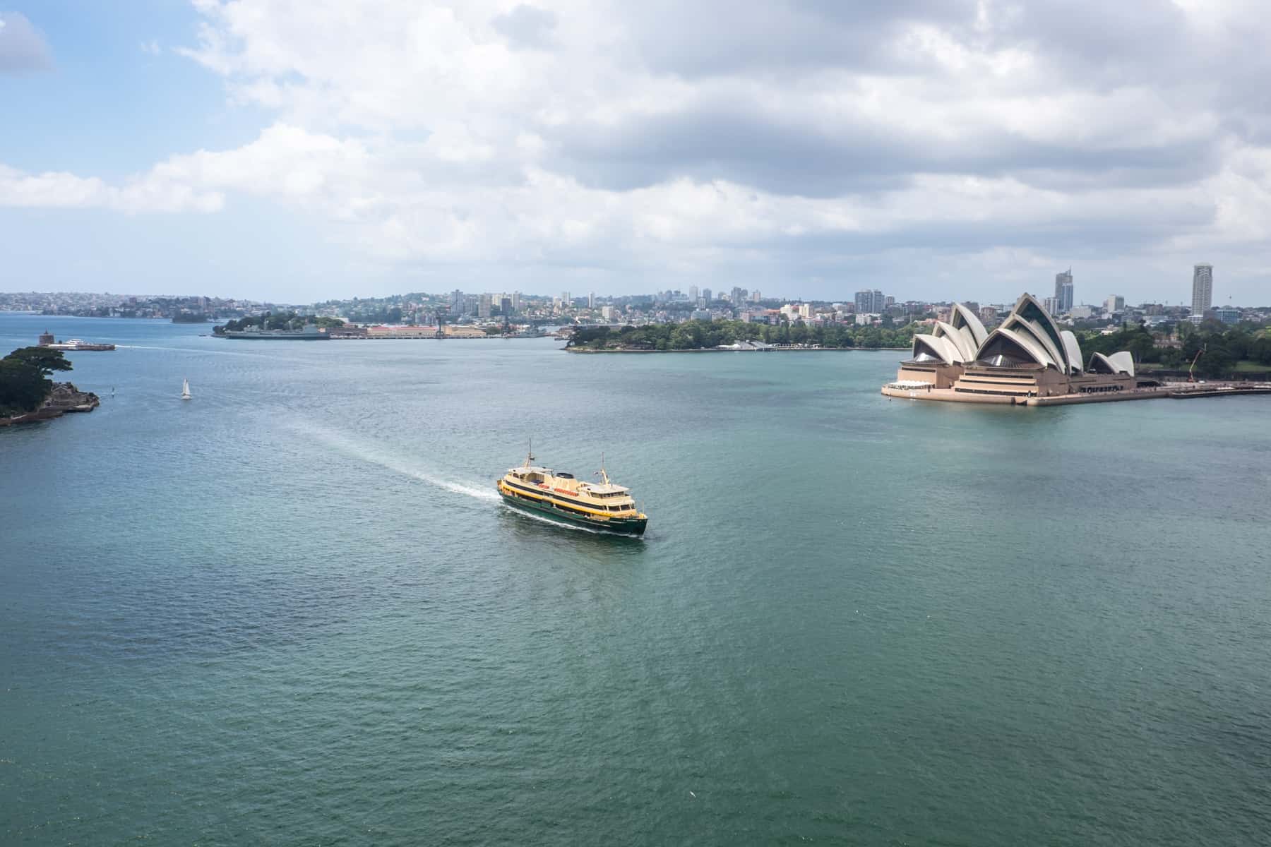 Elevated view of Sydney Harbour with the iconic white roofed Sydney Opera House, business district tall buildings and wide waterway