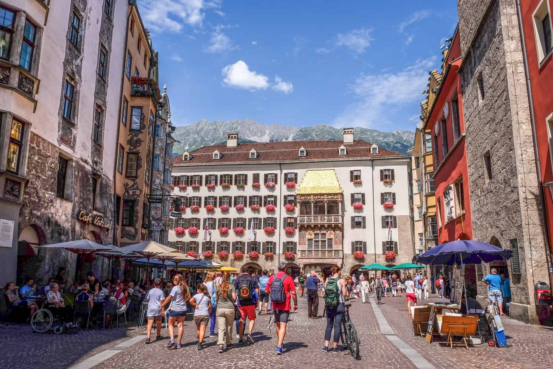 Square of the Golden Roof with 2,657 fire-gilded copper tiles in Innsbruck in Austria