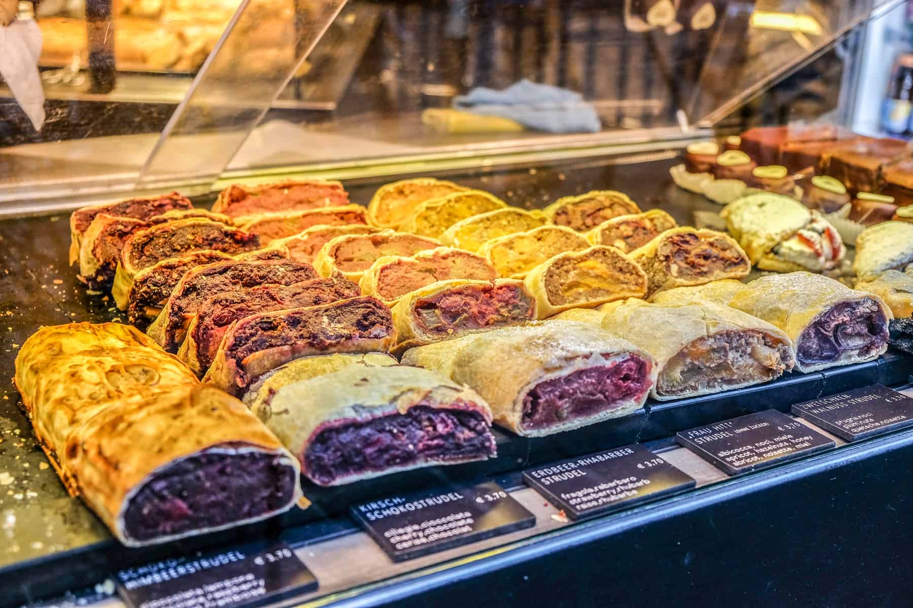 Close up of the different flavours of Strudle at Kröll Cafe in Innsbruck, Austria