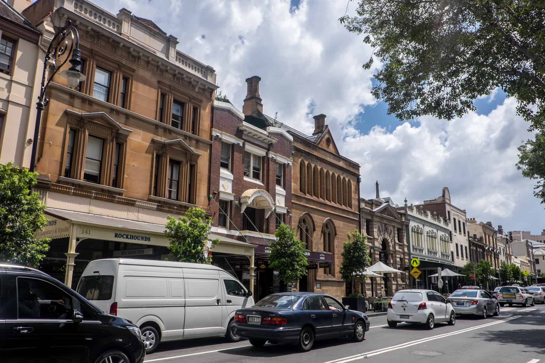 Historical brownhouse architectural buildings on a street in Sydney Australia