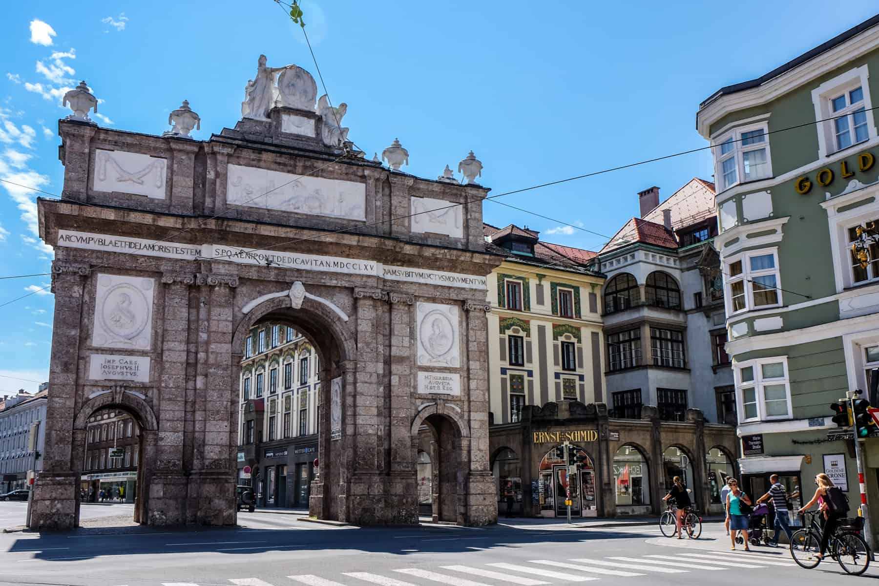 The famous worn stone Triumphal Arch in Innsbruck Old Town in Austria