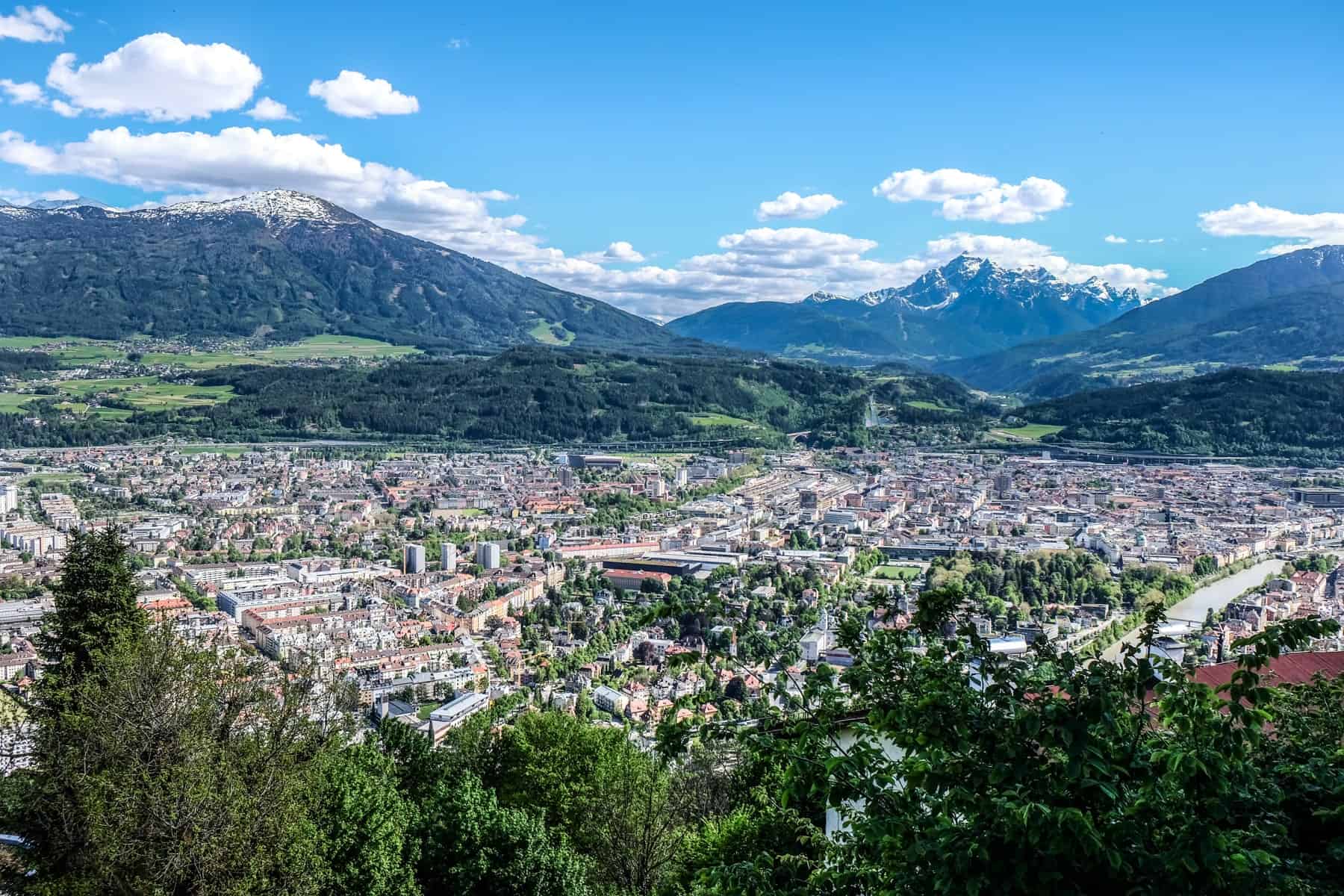 View of Innsbruck in Austria from the city's Nordkette Mountain showing the compact city urban basin