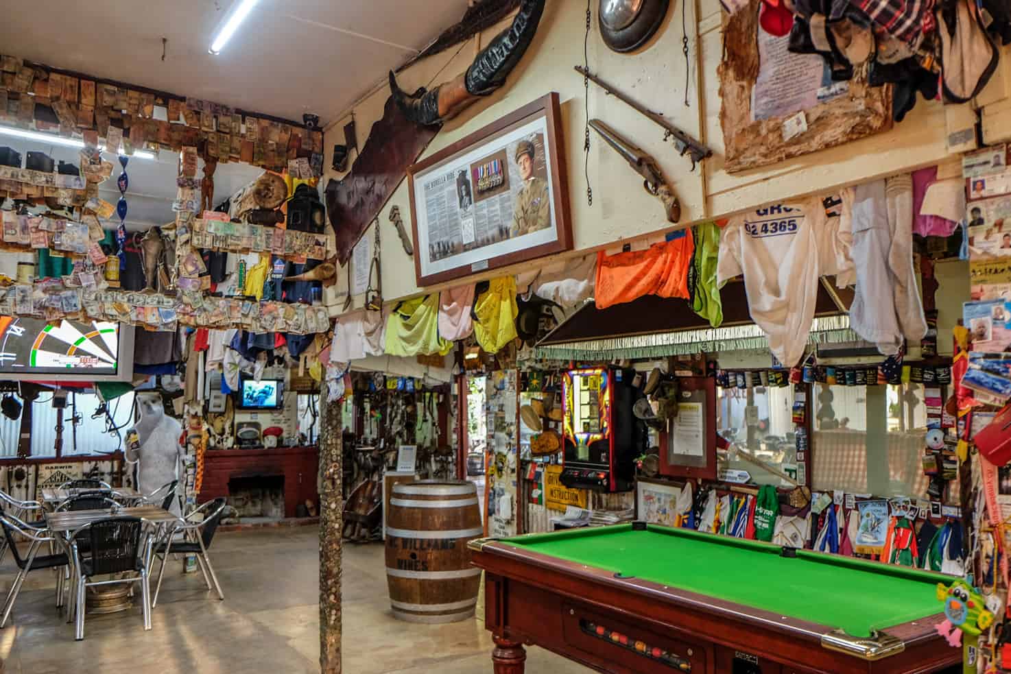 The Daly Waters Pub in the Australian Outback who walls are covered in t-shirts, ID cards, money and war memorabilia. 