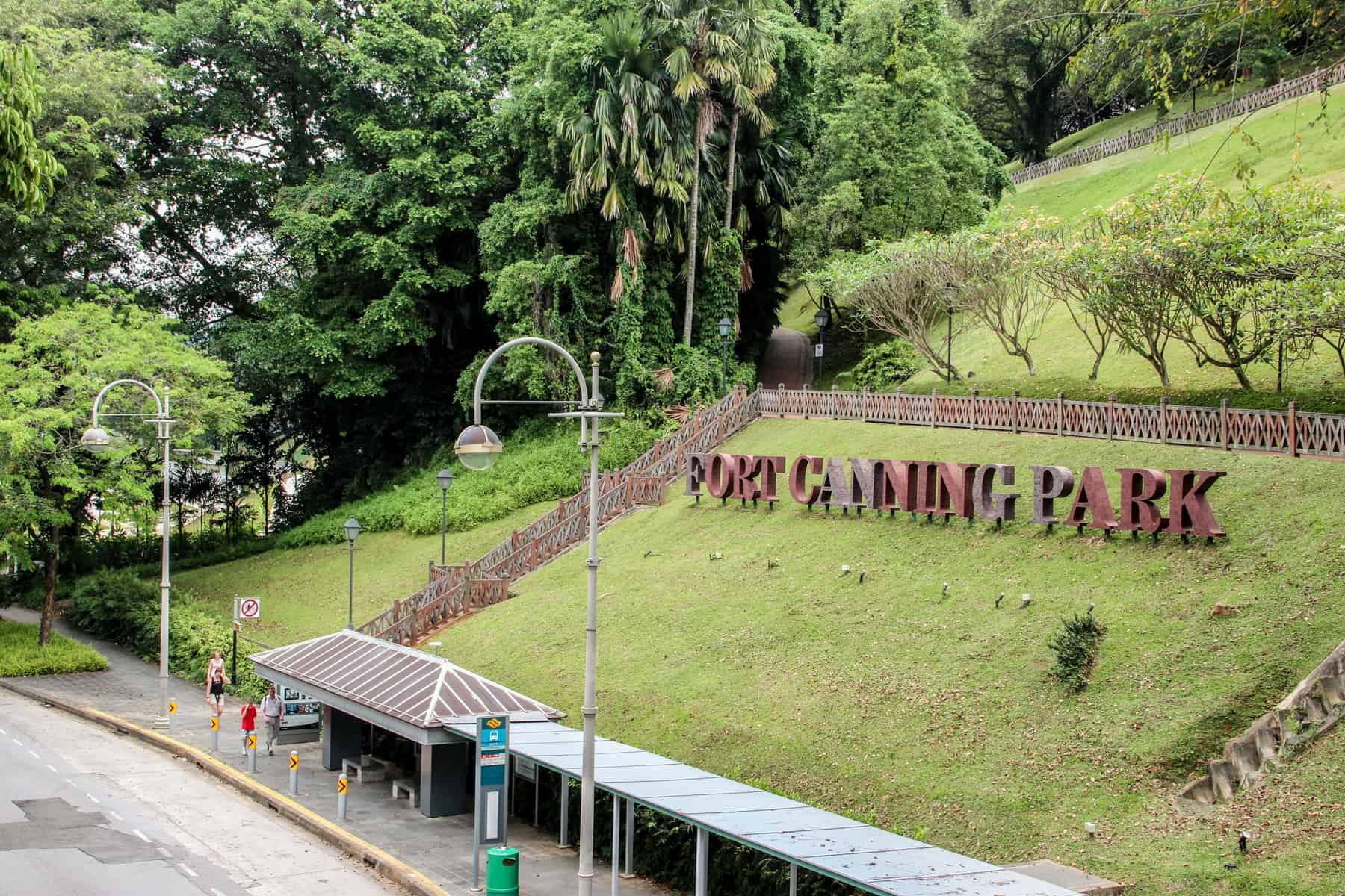 The manicured green slopes of the Fort Canning Gardens in Singapore city centre