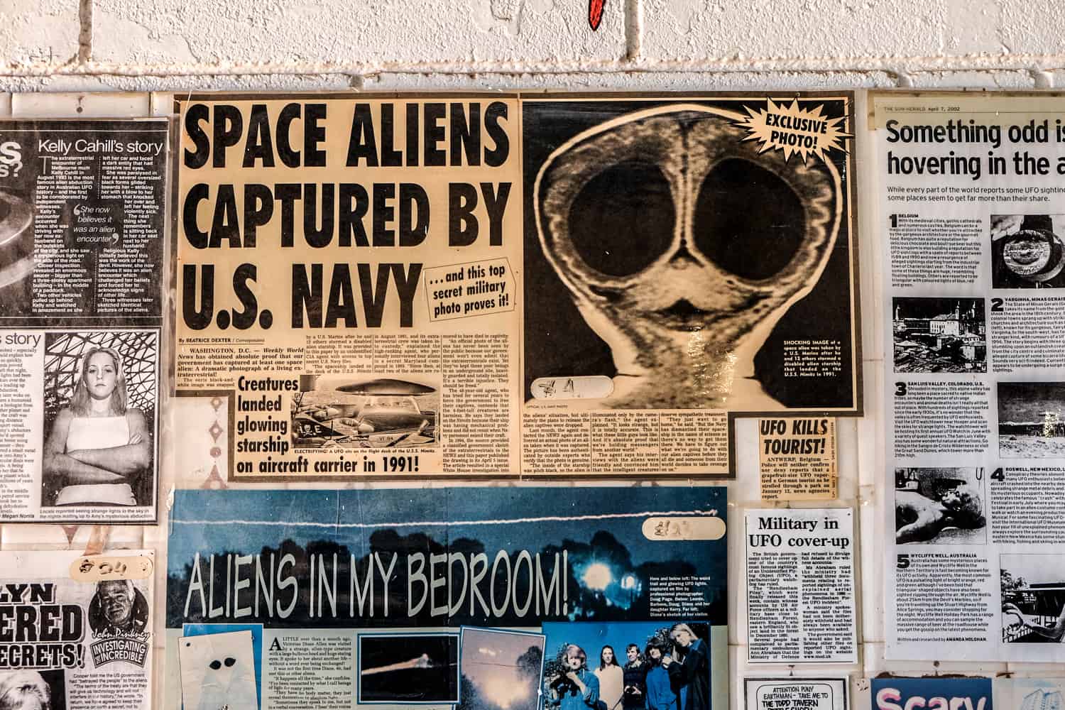 News clippings of alien sightings in Wycliffe Well cafe in the Northern Territory, Australia.