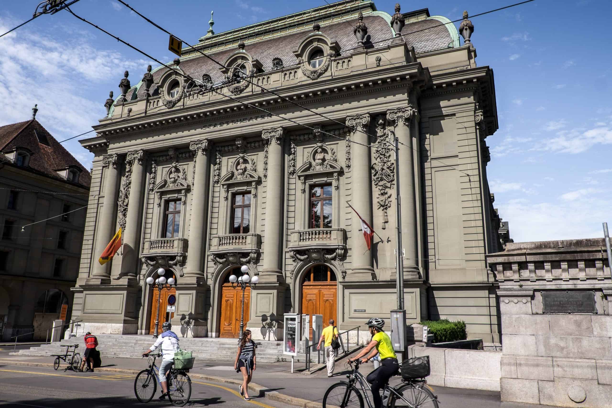 The art deco, columned grey building of Bern Town Hall, Switzerland