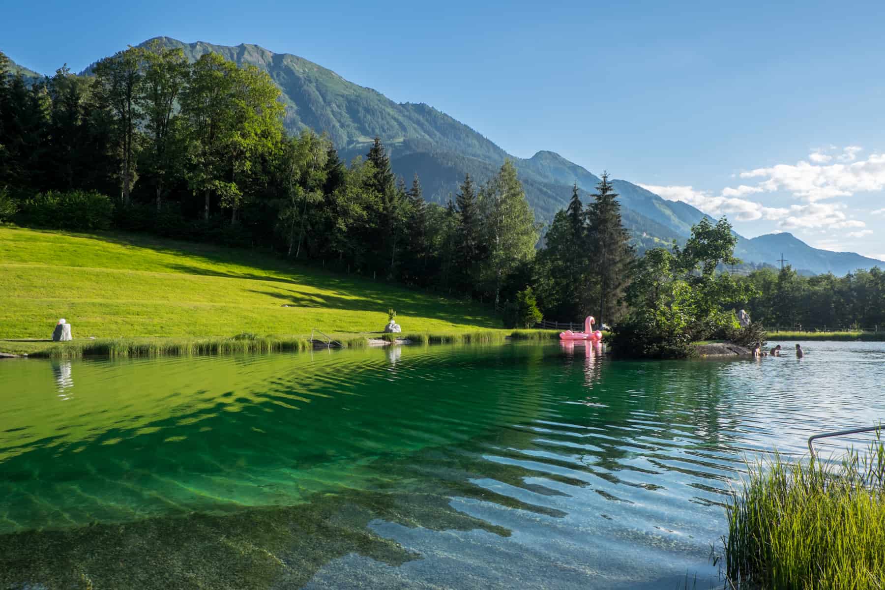 The varying hues of green of the grass-covered mountain and the spring water of the bathing lake, Badesee Plankenau in St. Johann in Pongau in summer.