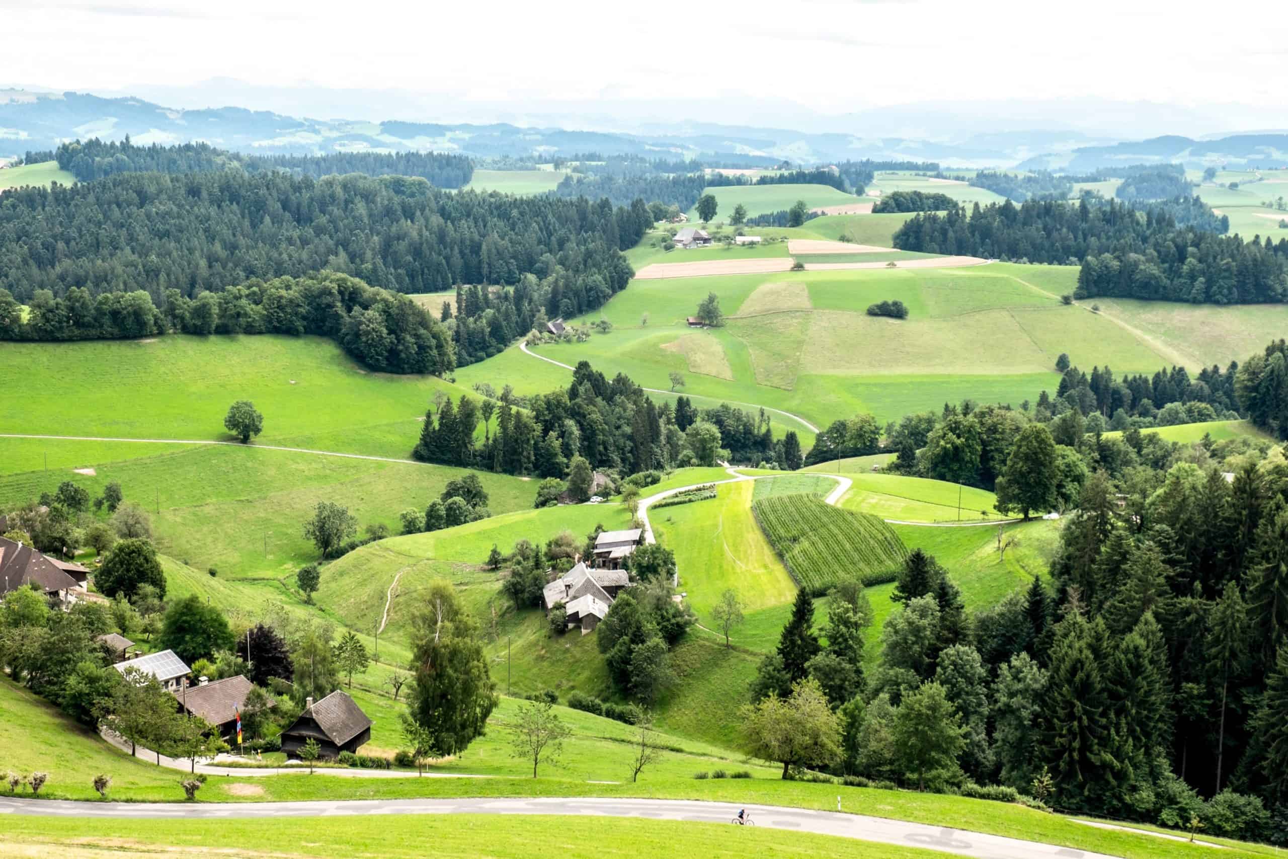 Views of the rolling green hills of the Emmental Valley in Switzerland