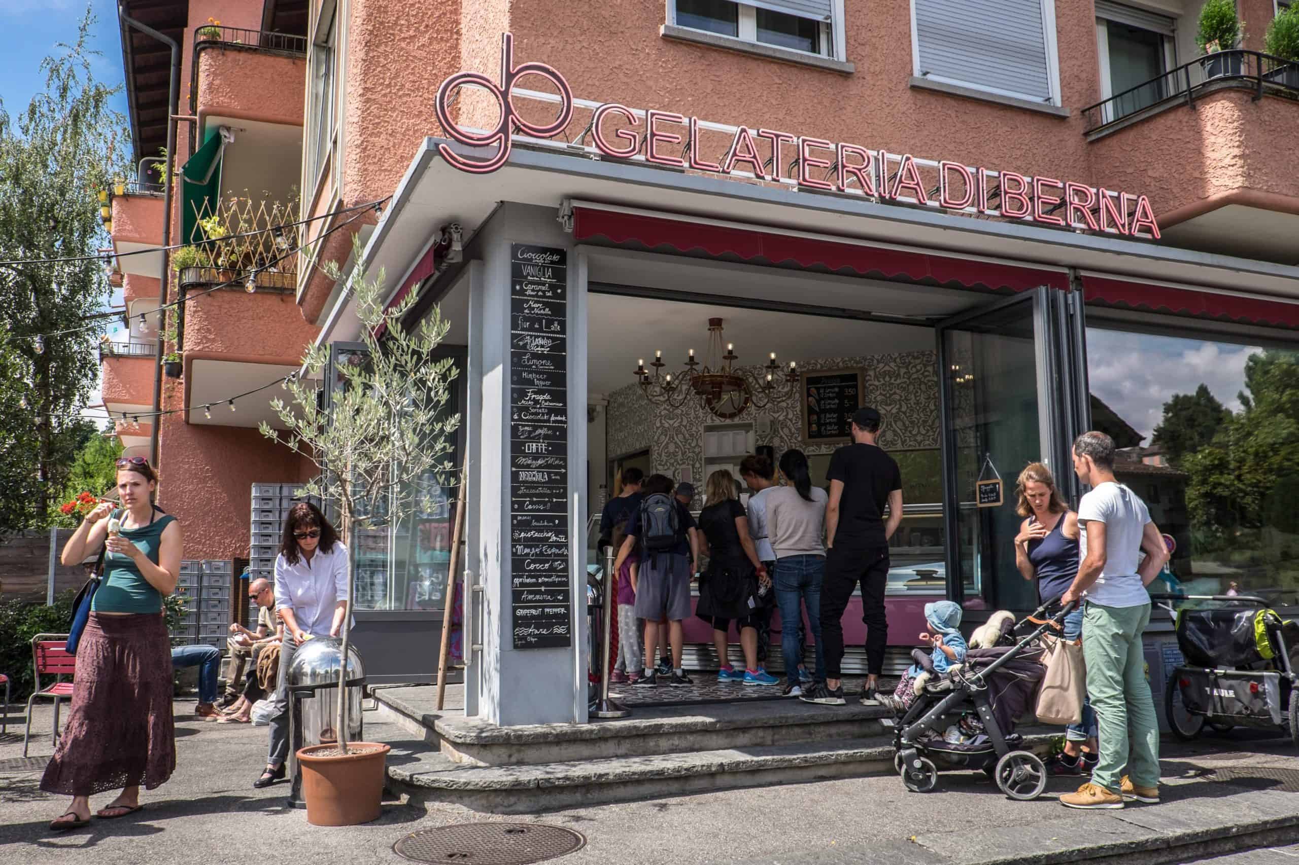 Customers queue outside the famous Gelateria di Berna is the best ice cream store in Bern, Switzerland