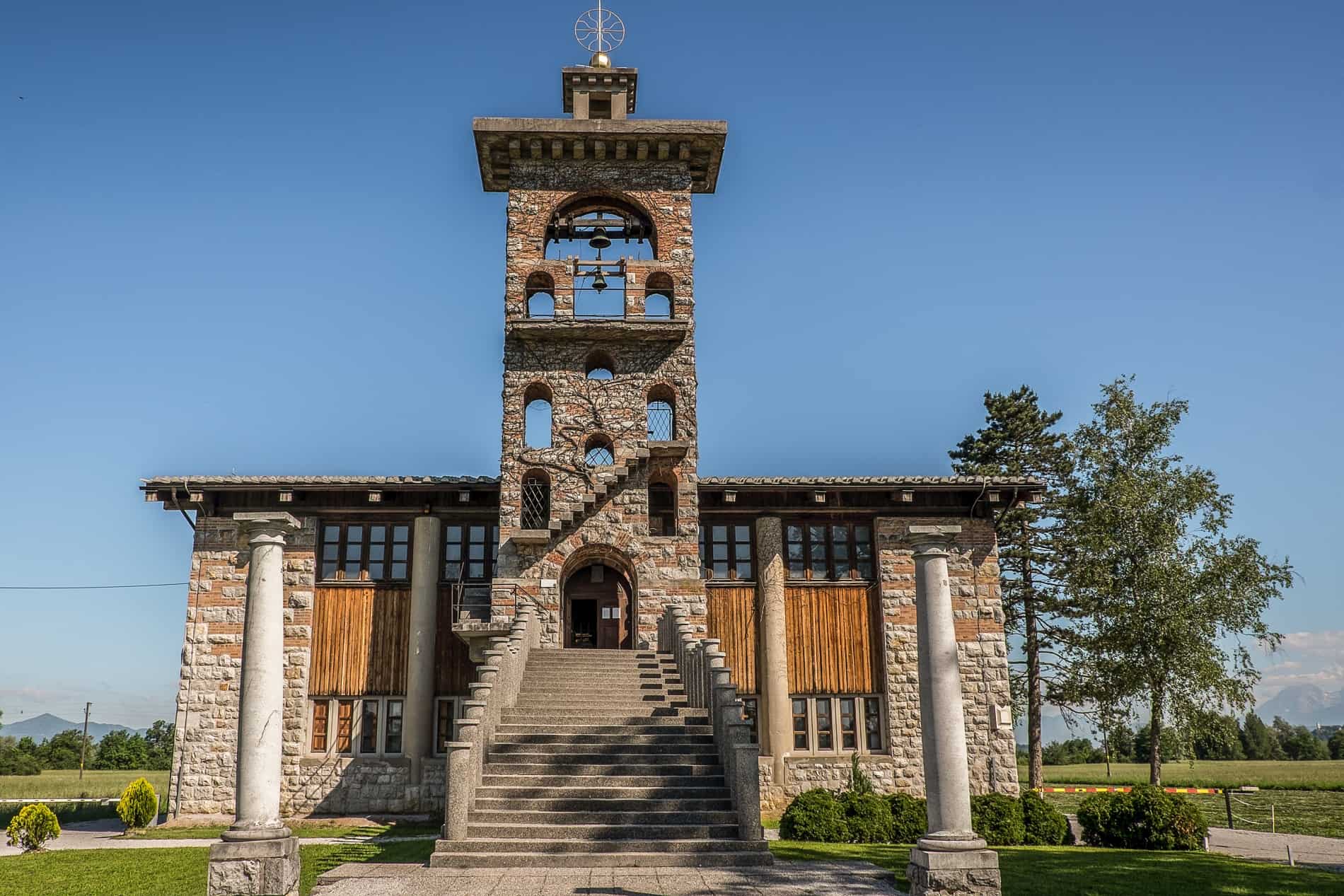 The stone structure Jože Plečnik designed Church of St. Michael in the Ljubljana marshes of the Slovenian countryside. 