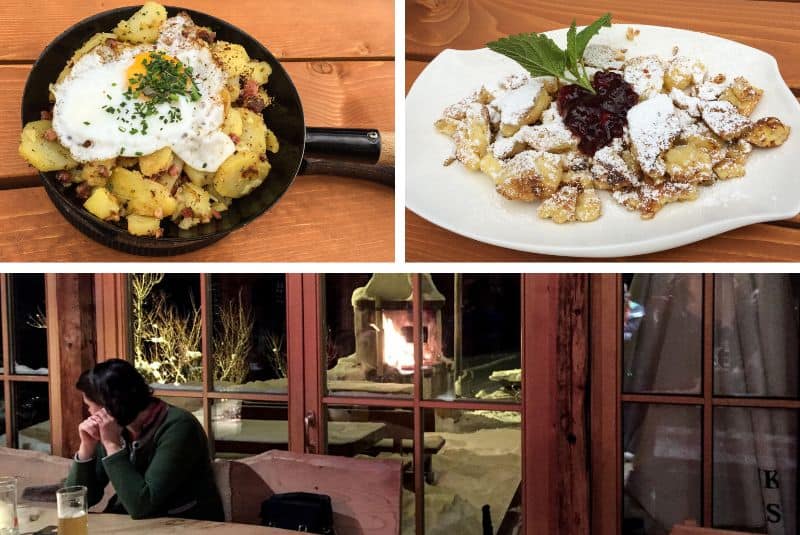 Potato based Tiroler Gröstl and fluffy pancake Kaiserschmarrn - traditional Austrian food dishes found in Tirol.