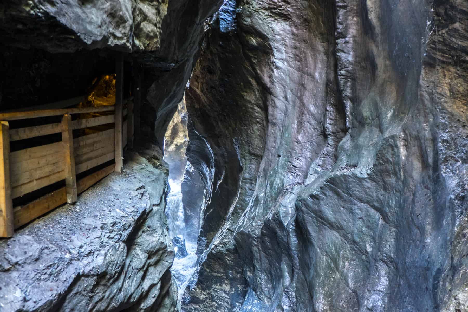 The blue, green and silver marble affect on the rock walls of the Liechtensteinklamm gorge in Austria