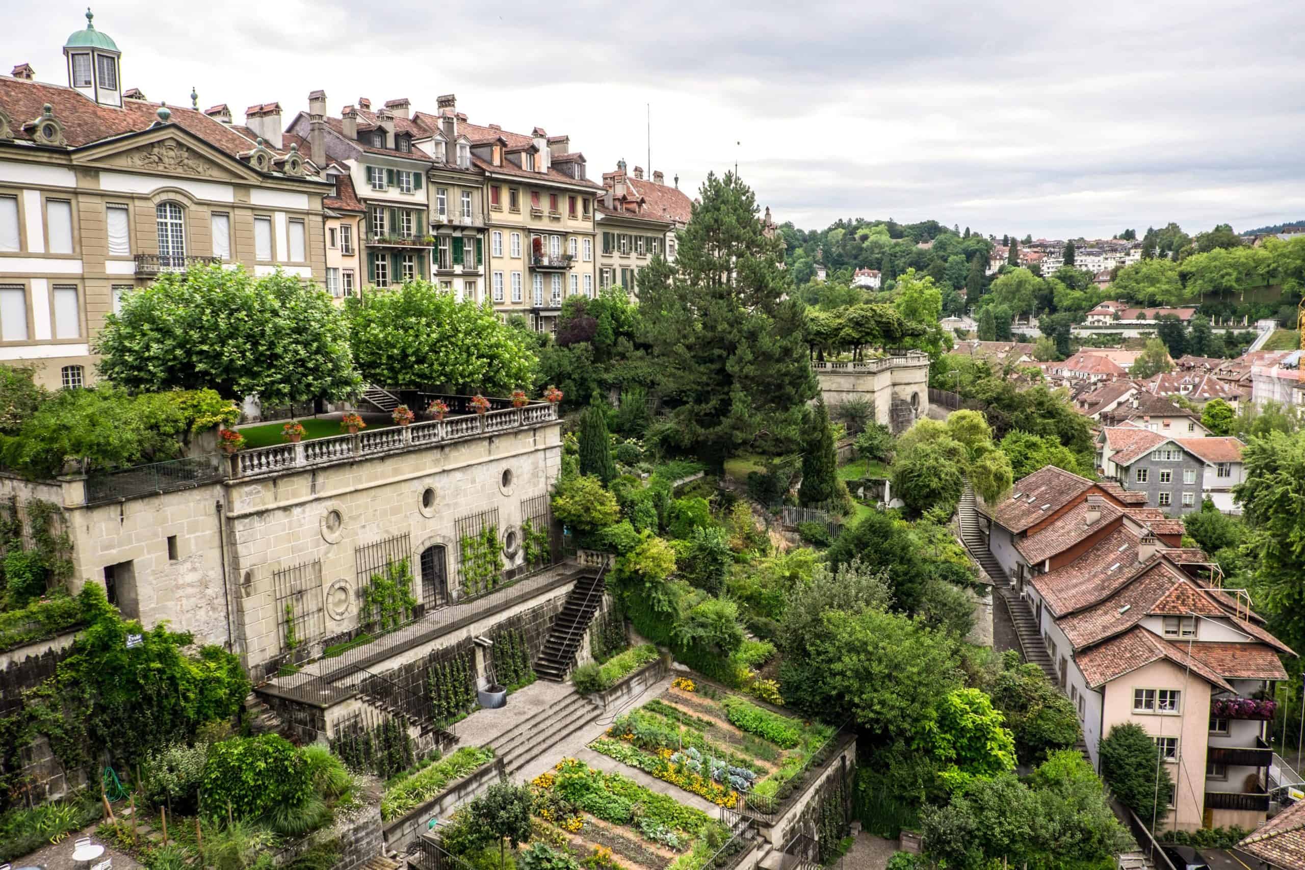 The red-roofed houses and manicured gardens of residential area of Bern, Switzerland