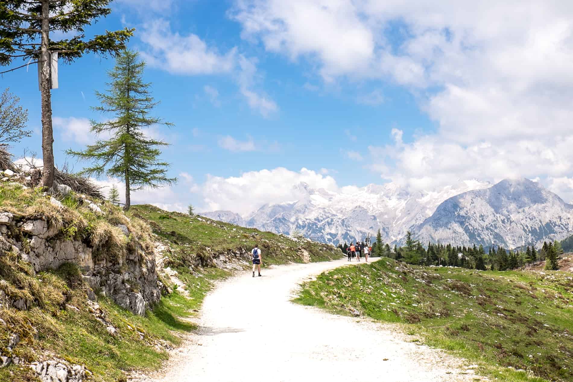 Hikers in the Slovenian Kamnik Alps in summer on the way to the Velika Planina shepherd settlement. 
