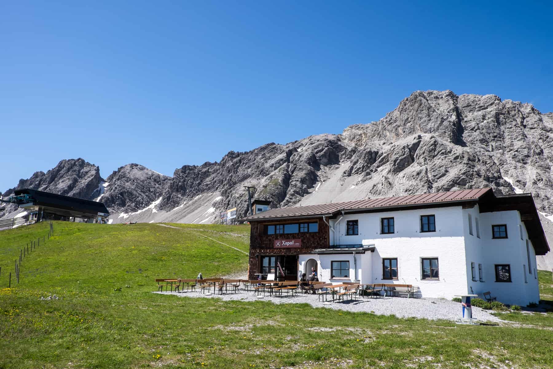 The white mountain hut Kapall-Hut, the highest mountain hut St Anton