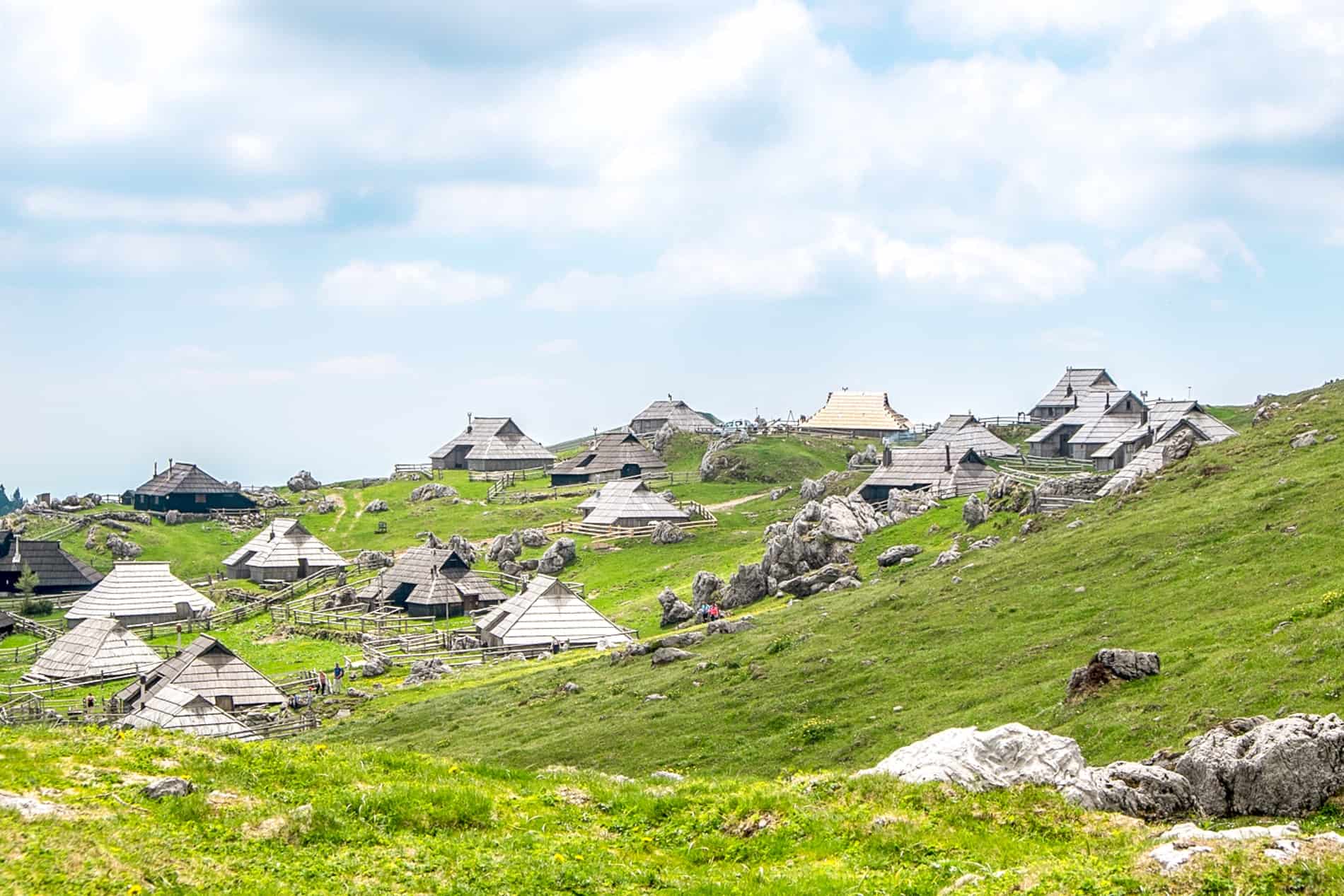 The silver triangular houses and single golden roof of the Velika Planina Shepherd Settlement in Slovenia.