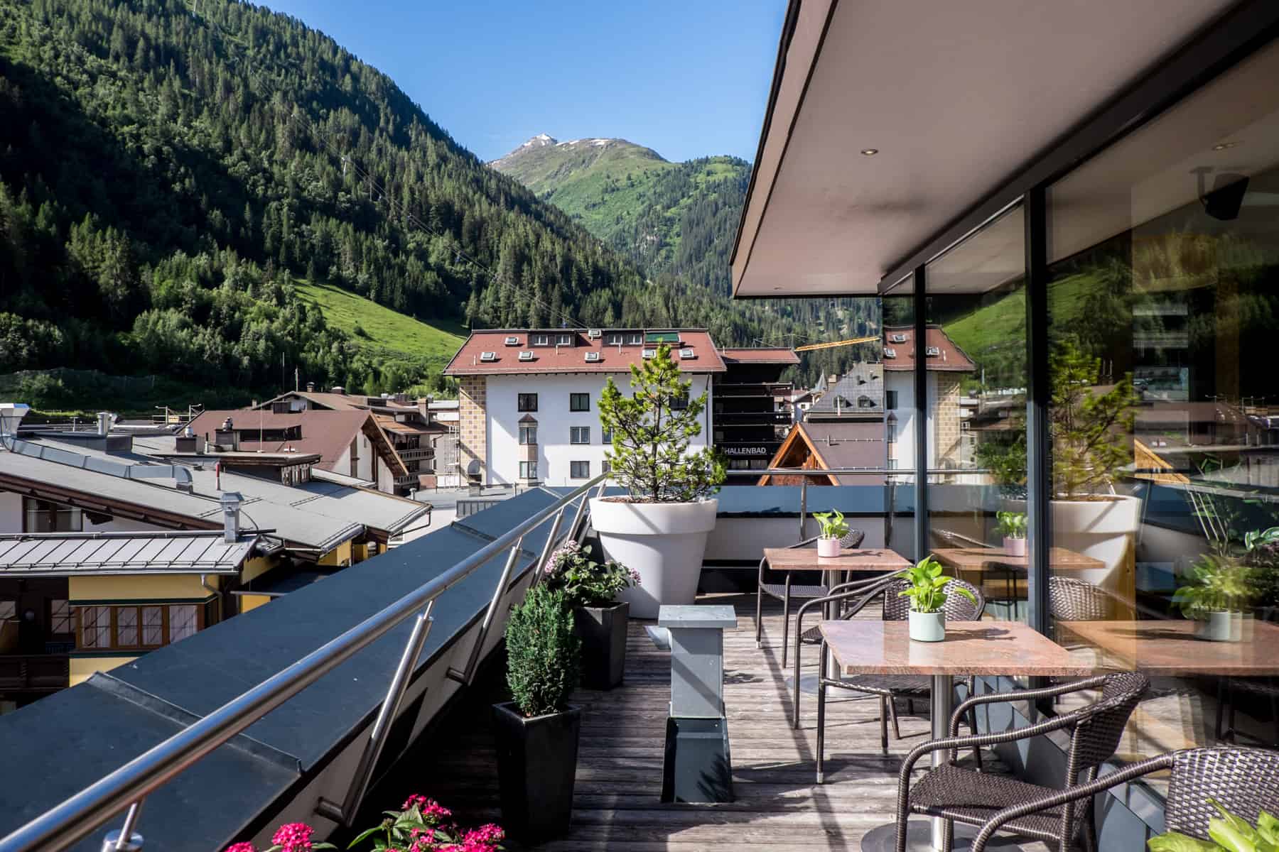 The mountain view roof terrace of the M3 Hotel St Anton am Arlberg