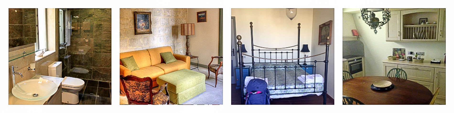 Left to right: Images of a stone tile bathroom, orange sofa room, four post bedroom, and period furniture kitchen in a Palazzo hotel in Malta. 