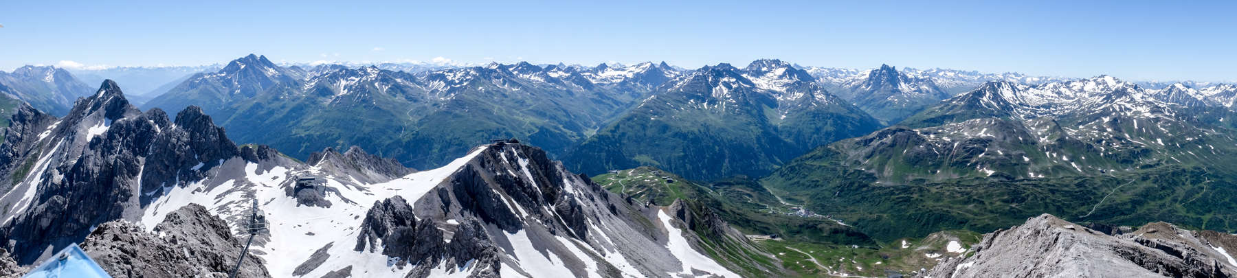 Panorama view of the European Alps from Mount Valluga in St Anton in summer