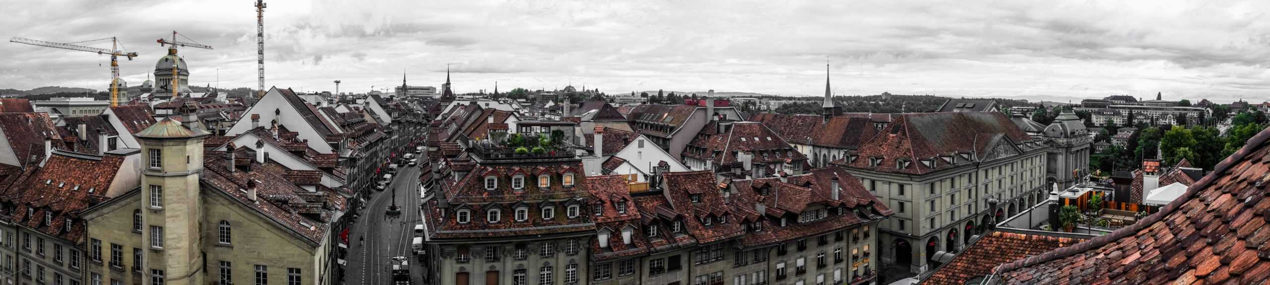 A panoramic view of the red-rooftops of the old city of Bern, the capital of Switzerland