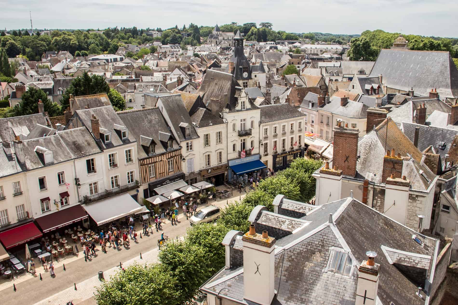 Terraced rows of quaints house in muted hues in Amboise town in the Loire Valley, France. 