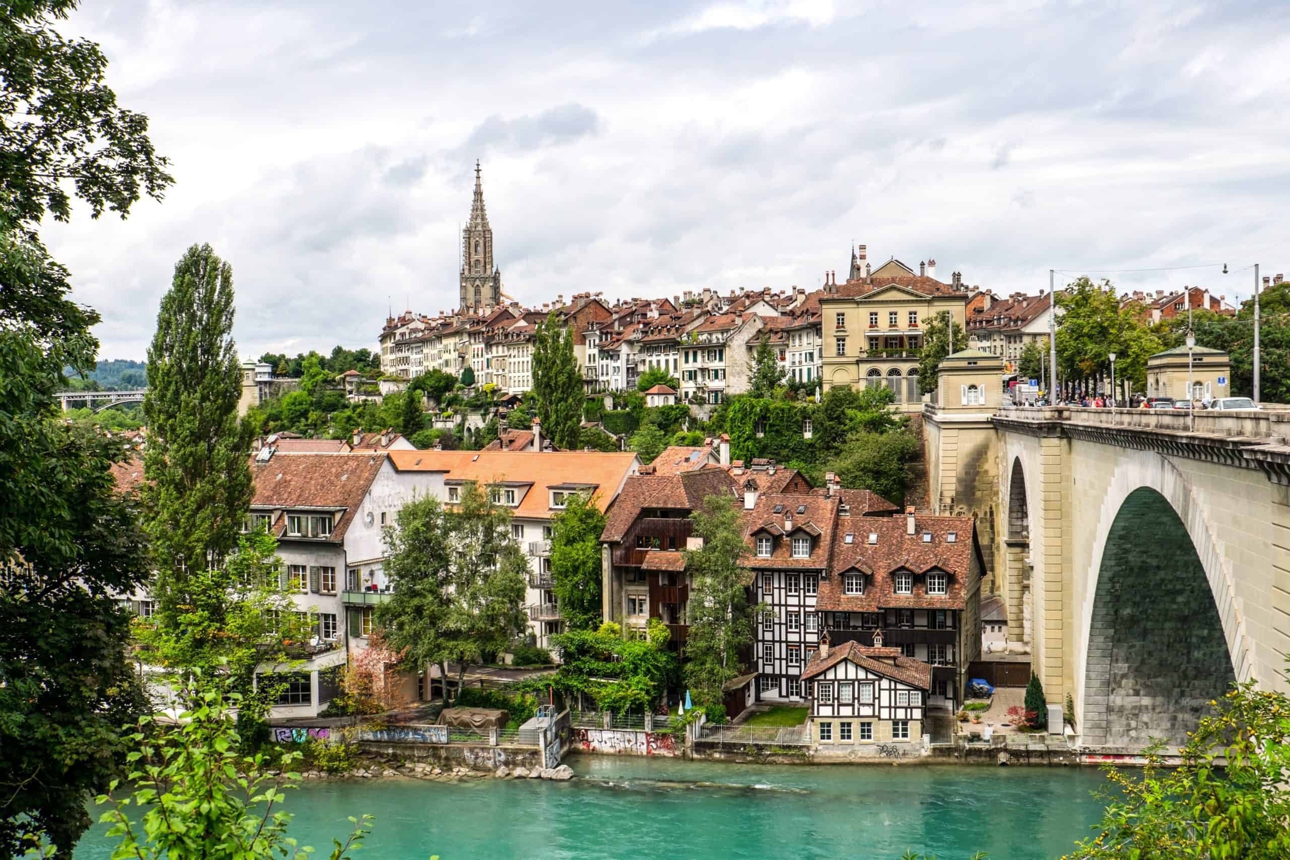 View of the old city of Bern and the red rooftops, Switzerland's Capital, from the bridge