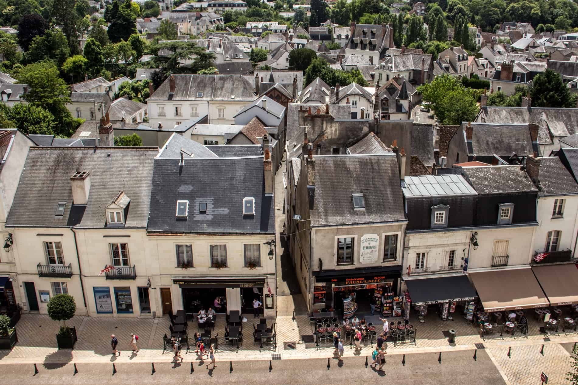 Elevated view over the compact and quaint town of old structures of Amboise in France's Loire Valley. 