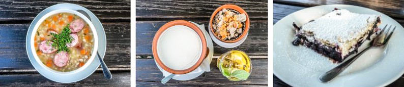 Traditional Slovenian food (left to right) including soup with meat, buckwheat flour with sour milk and fat crackling and a berry strudle. 