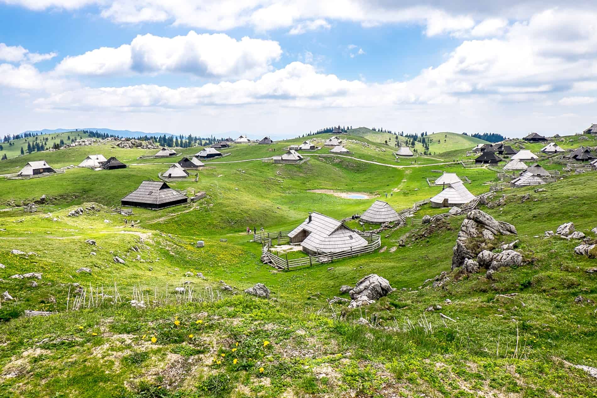 The silver, triangular Slovenian shepherd houses at Velika Planina settlement accessible on a day trip from Ljubljana.