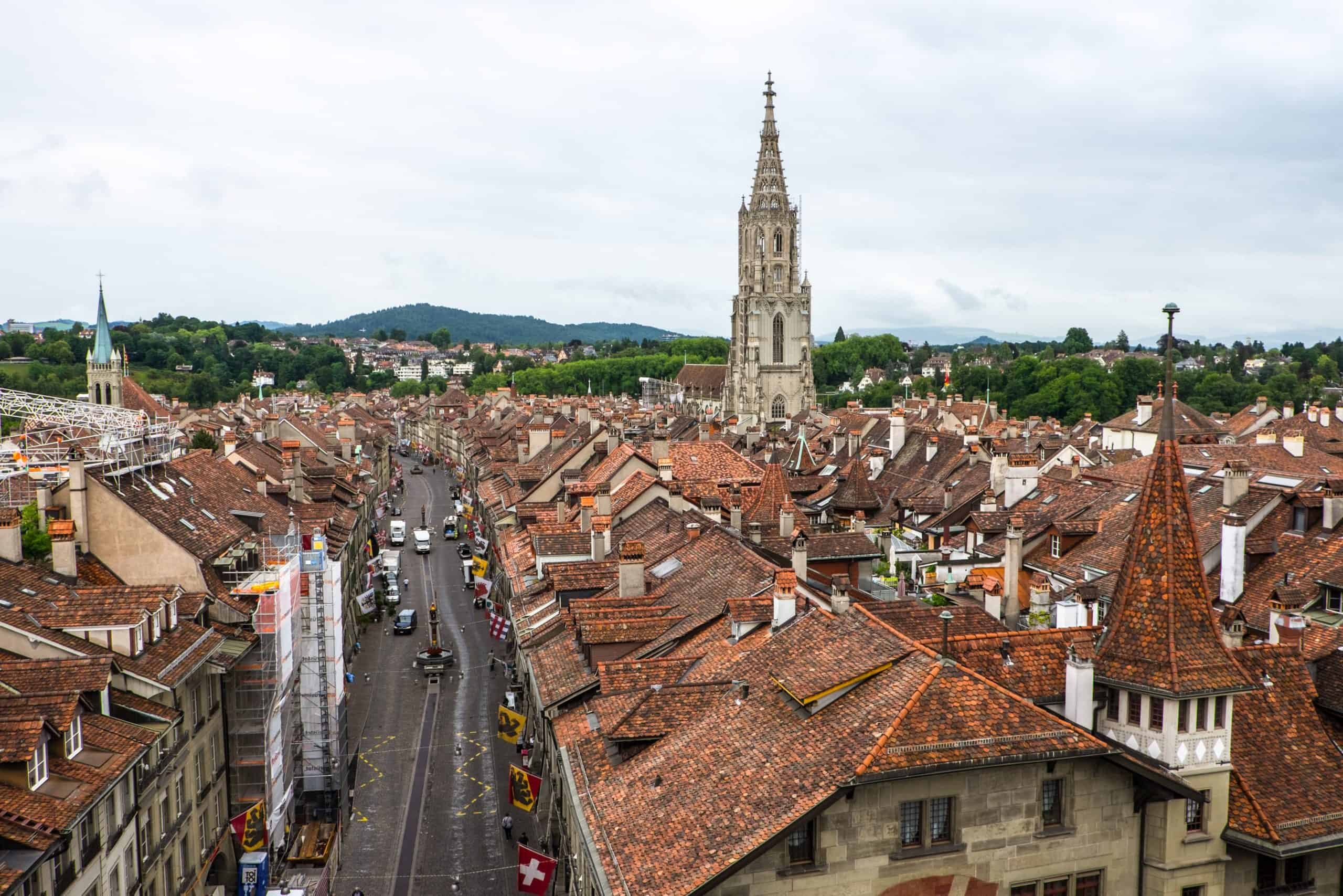 View of Old Bern city and the red rooftops from inside the Zytglogge Clock Tower