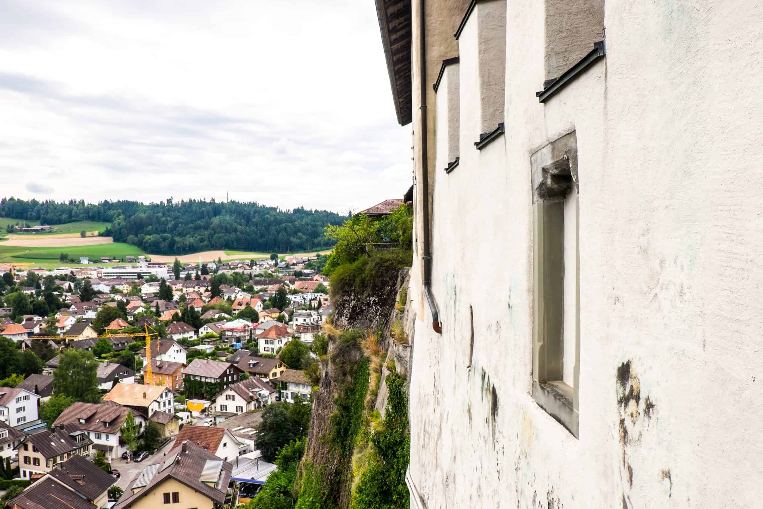 Village views from the white walls of Burgdorf castle on a day trip from Bern