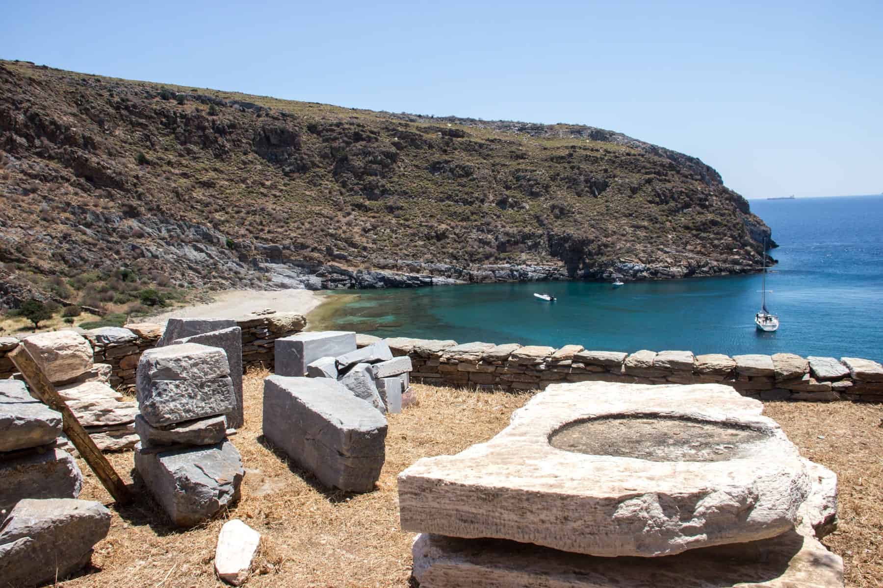 Fragments of stone ruins of Ancient Karthea in Kea Cyclades Island