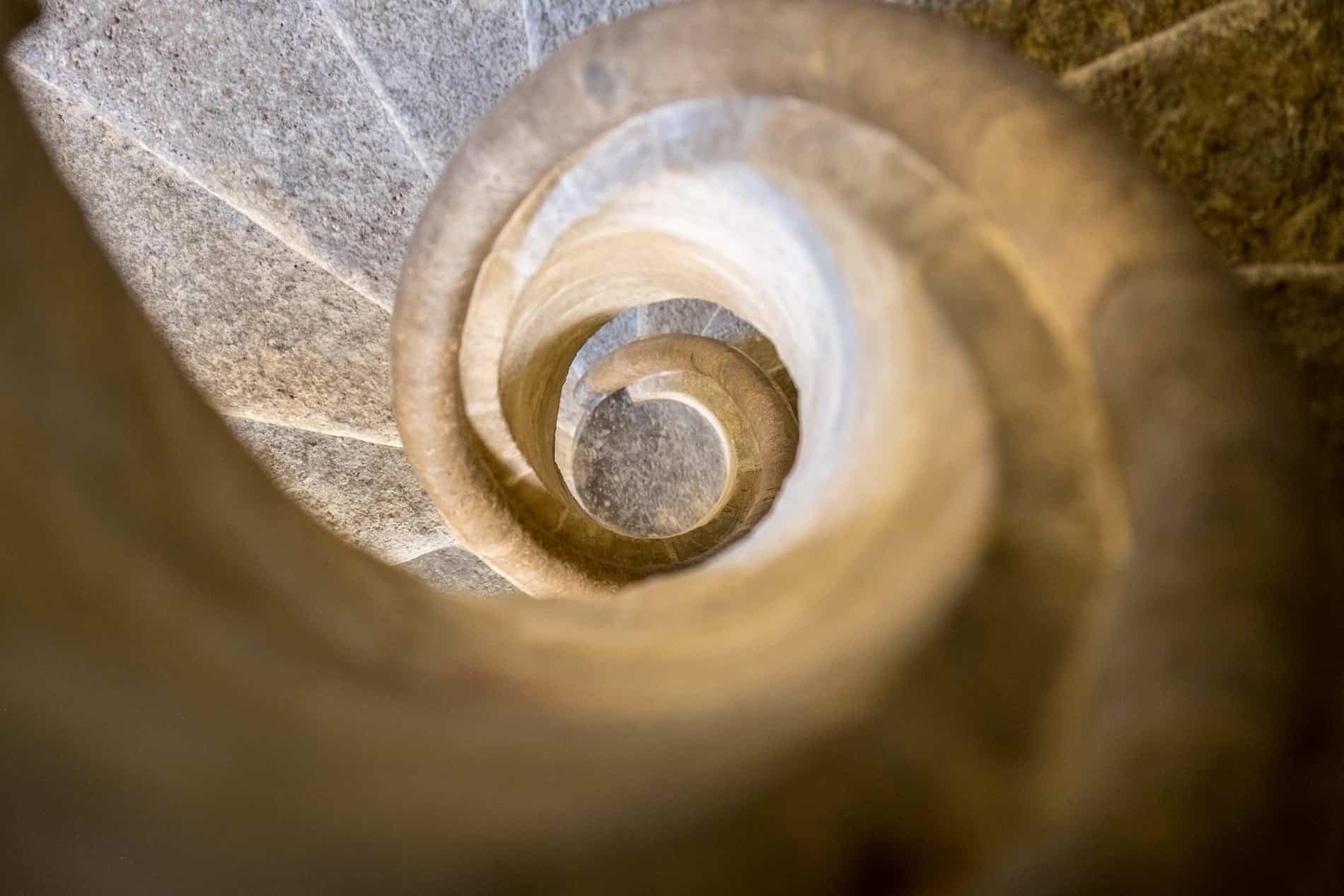 View looking down the double spiral staircase at the Burg in Graz, Austria.