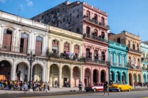 A row of classical pastel coloured buildings in Havana, Cuba.
